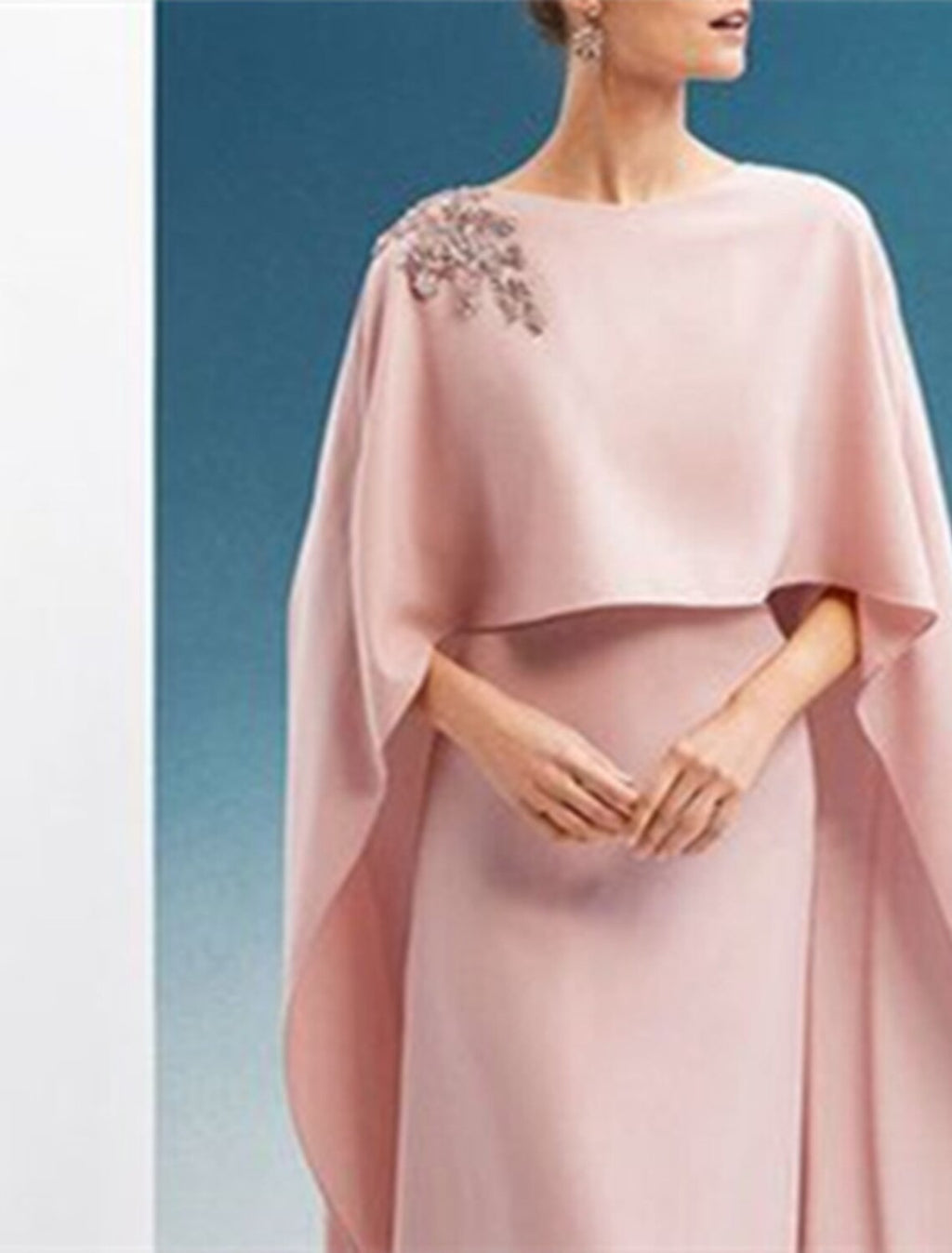 Blushing Pink Crepe Sheath/Column Evening Dress with Cape Overlay