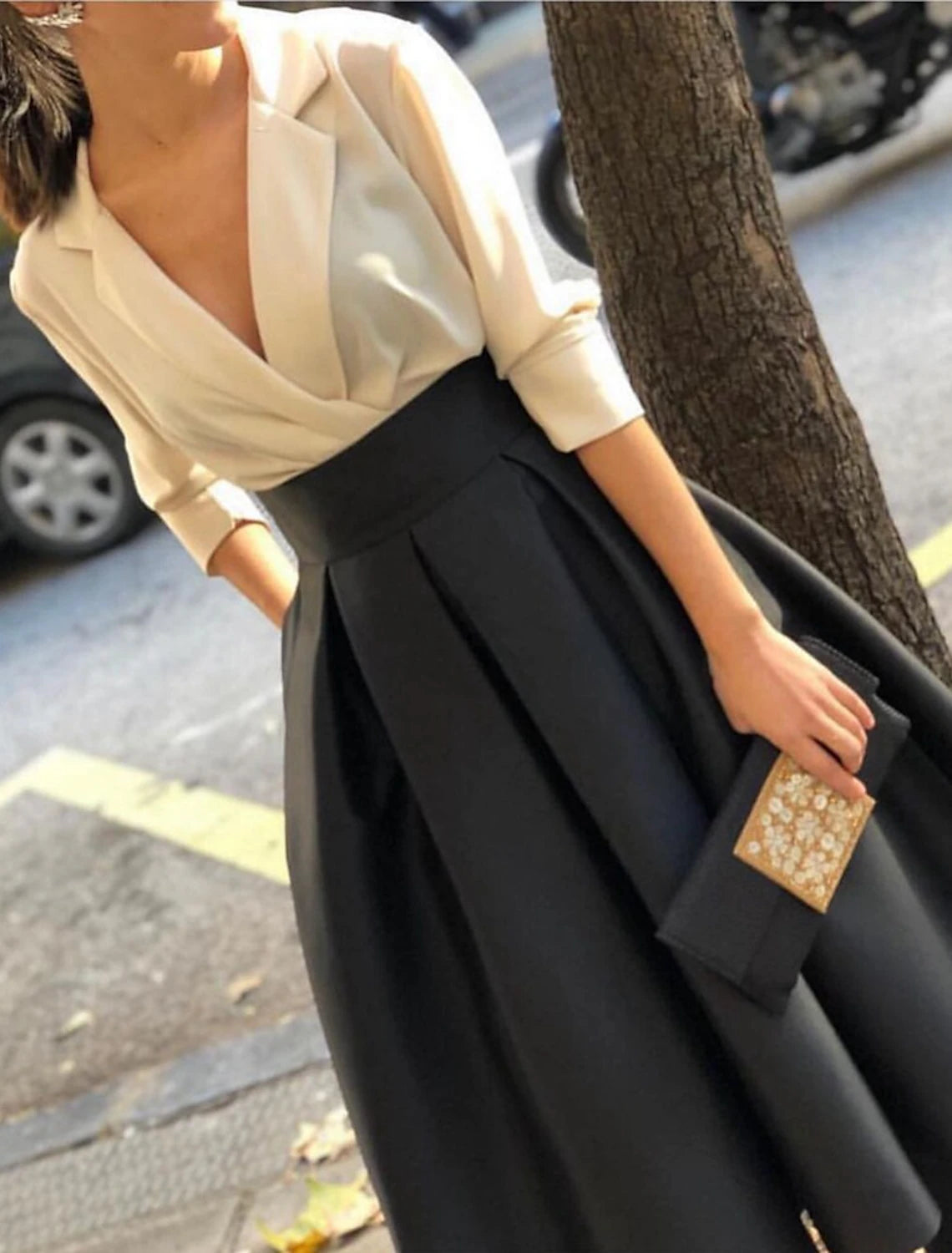 Vestido de noche elegante de corte A para boda, lazo negro, largo hasta el suelo, manga larga, escote en V, para invitados de boda de otoño, satén con bolsillo fruncido.