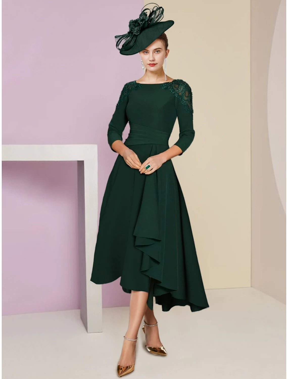 Forest Green Crepe A-Line Tea-Length Dress with Boat Neck, Embellished Shoulders & Asymmetrical Ruffled Hem