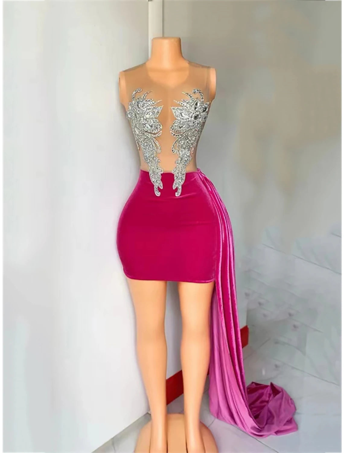 Vestido de cóctel con corte tubo/columna, brillante y con brillo, para carnaval, boda, fiesta, corto/mini, sin mangas, cuello joya, tela afroamericana con cuentas