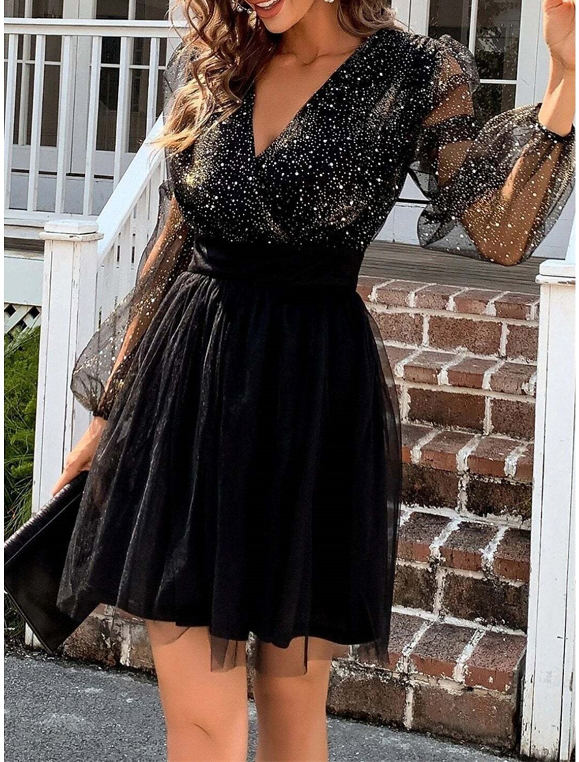 Women‘s Little Black Dress Sexy Dress Party Dress Homecoming Dress Mini Dress Long Sleeve Color Block Ruched Fall Winter V Neck Fashion Winter Dress Black Cocktail Dress