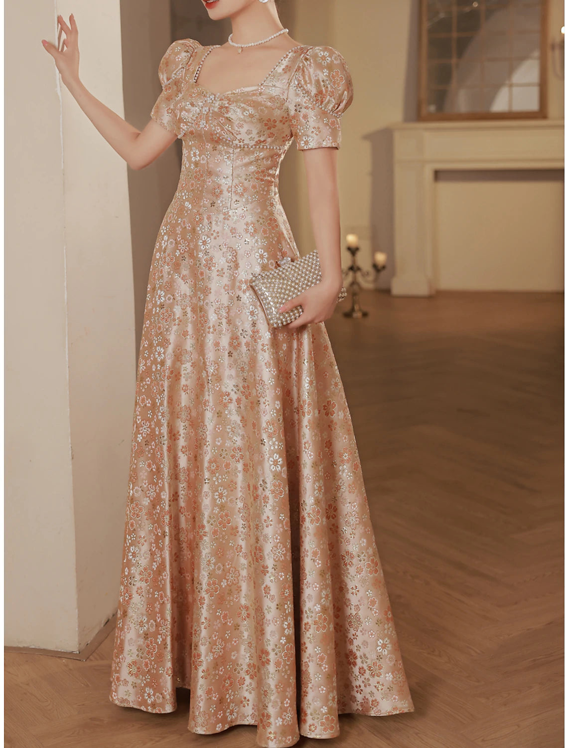 Abiti da ballo a trapezio, scintillanti e brillanti, da fidanzamento, con lunghezza al pavimento, maniche corte, scollo a barchetta, in raso con perle arricciate, 2025