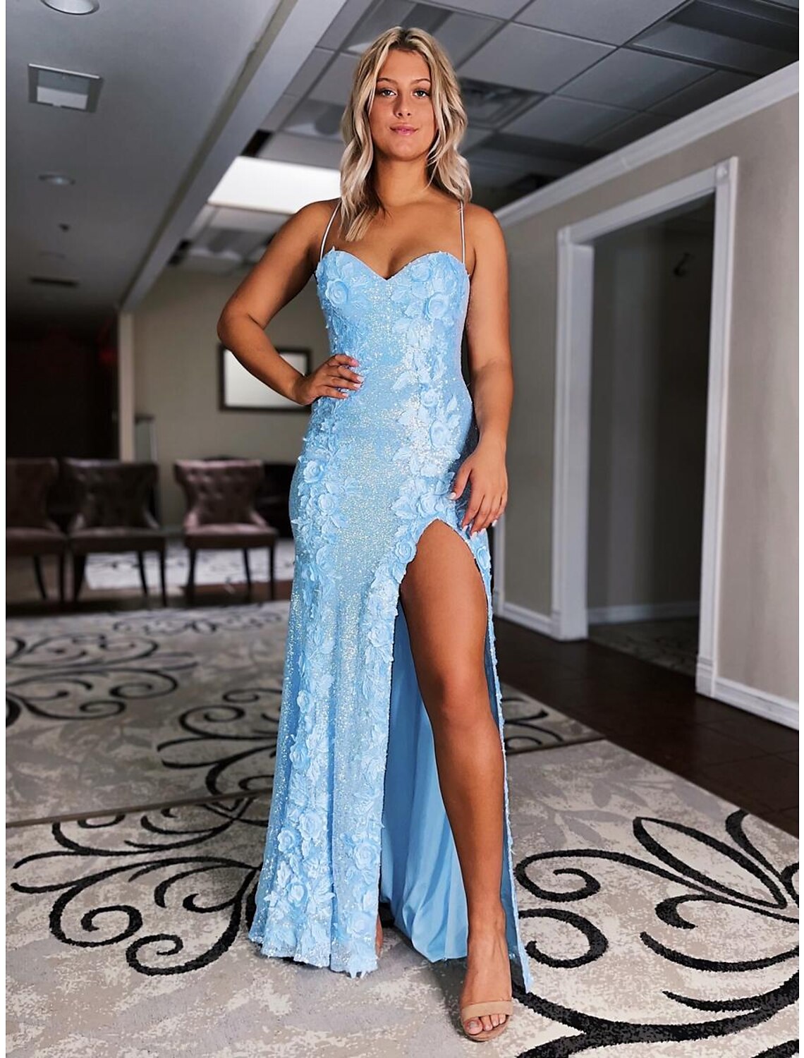 Pink Sequin Mermaid Sweetheart Backless Floor-Length Evening Dress with 3D Floral Appliques
