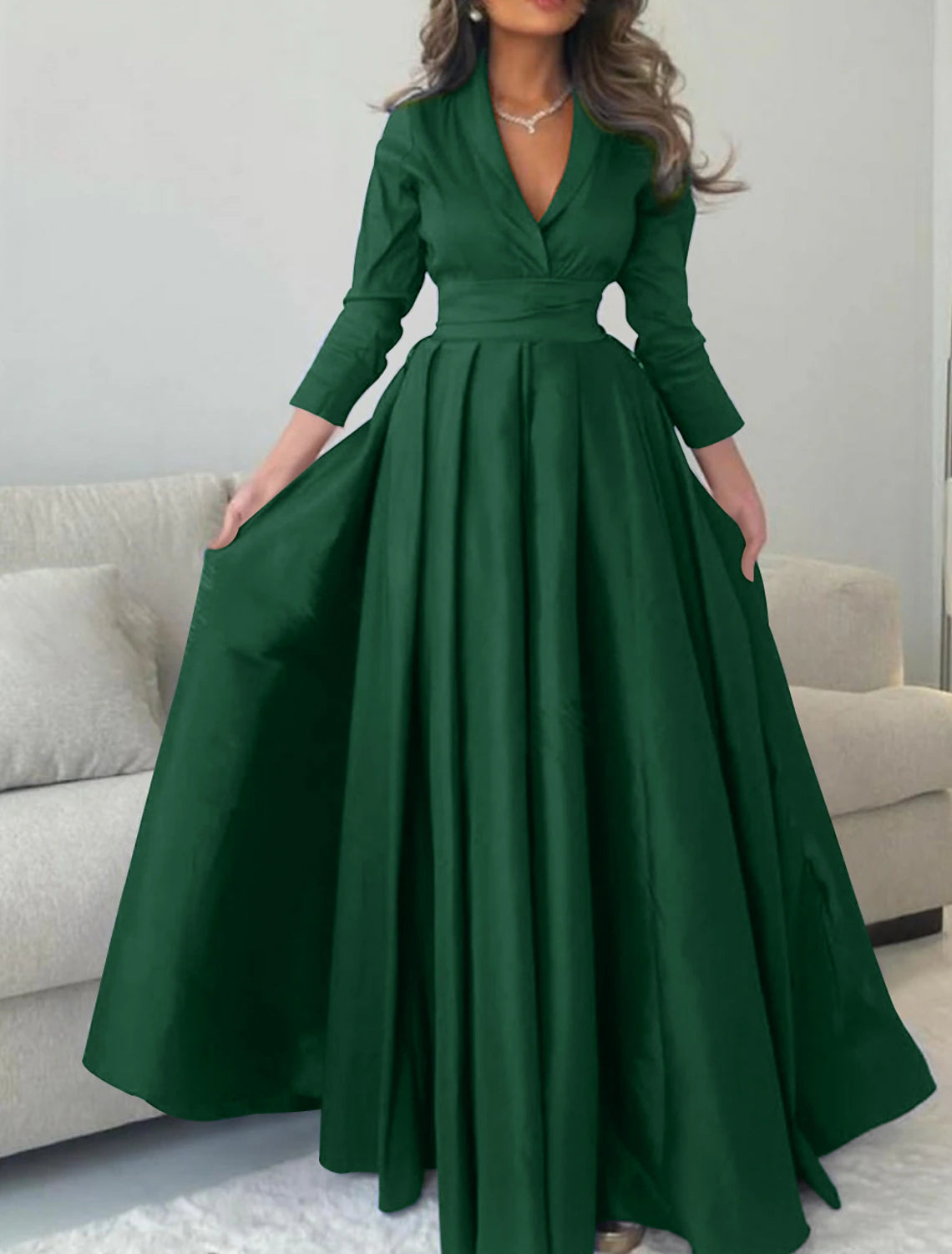 Vestido de noche verde elegante de satén en forma de A, vestido formal de champán, rojo y verde, largo hasta el suelo, mangas 3/4, escote en V y pliegues, 2025