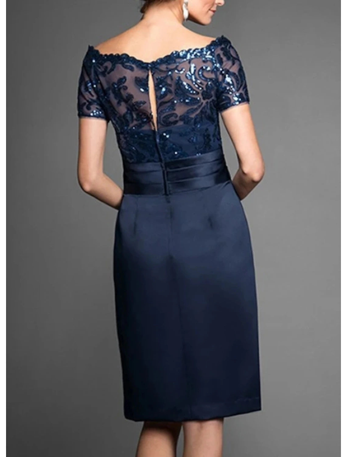 Dark Navy Sequined Lace Off-the-Shoulder Sheath Knee-Length Evening Dress