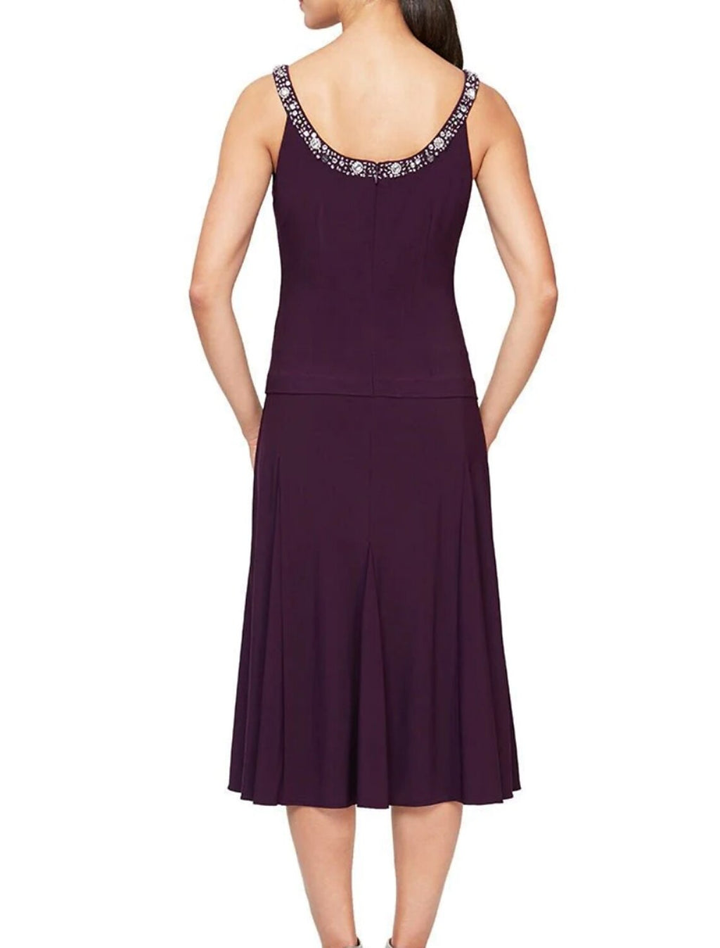 Dark Navy Crepe A-Line Tea-Length Evening Dress with Embellished Keyhole Neckline and Pleated Skirt