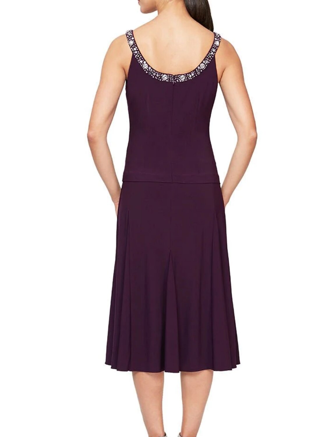 Dark Navy Crepe A-Line Tea-Length Evening Dress with Embellished Keyhole Neckline and Pleated Skirt