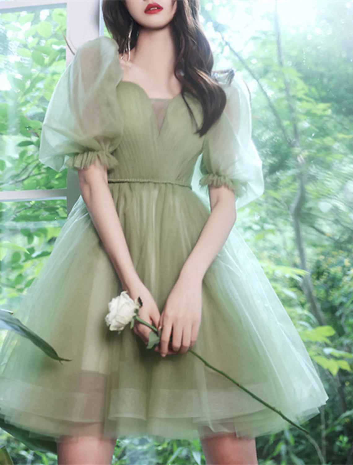 Abiti da ballo a trapezio, abito plissettato a strati, abito da cerimonia per invitati alla laurea, corto/mini, maniche corte, spalle scoperte, tulle con pieghe