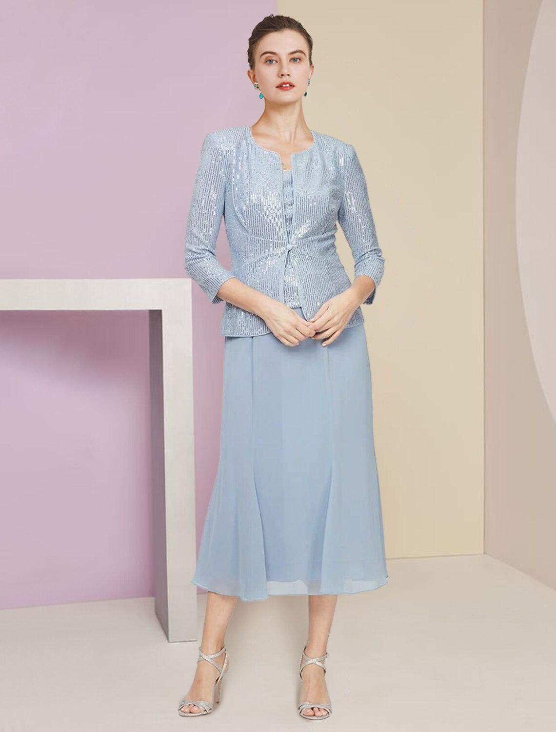 Vestido de dos piezas de corte A para madre de la novia, para invitada de boda, de invierno, con chaqueta, manga 3/4, escote redondo, largo hasta la rodilla, de gasa, con lentejuelas, plisado, lentejuelas, color liso, brillo y brillo, talla pequeña.
