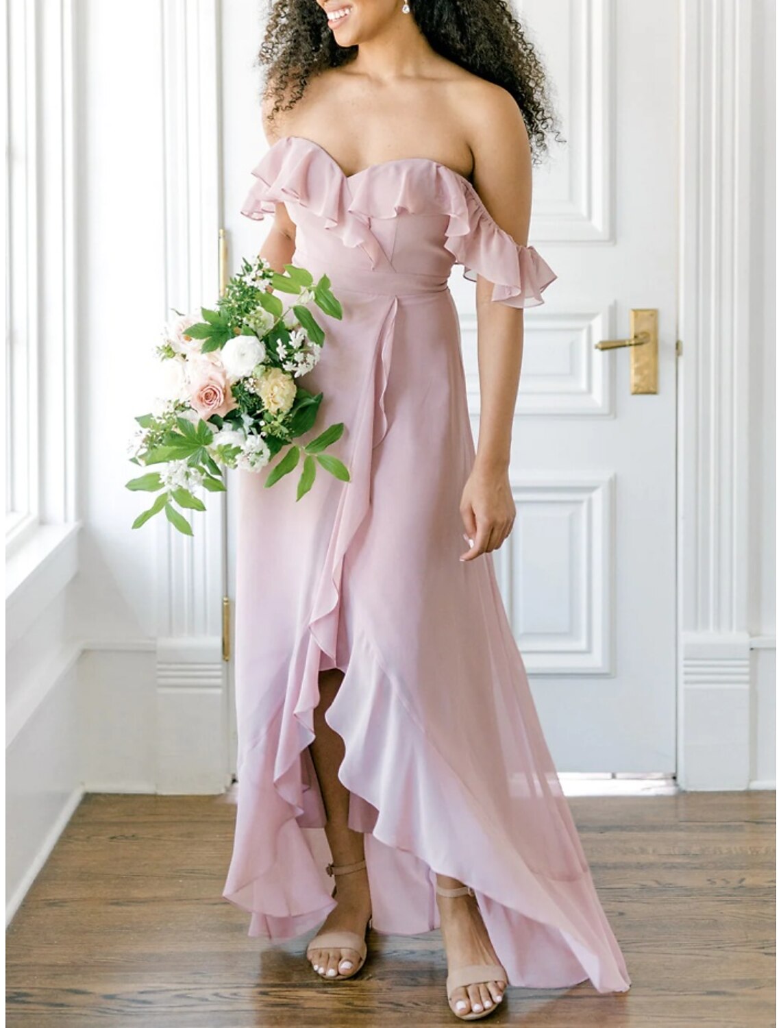 Blushing Pink Chiffon A-Line High-Low Dress with Off-the-Shoulder Neckline