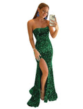 Abiti da sera a sirena/tromba, scintillanti e brillanti, da sera, formali, con strascico a ruota, senza maniche, senza spalline, con paillettes e spacco