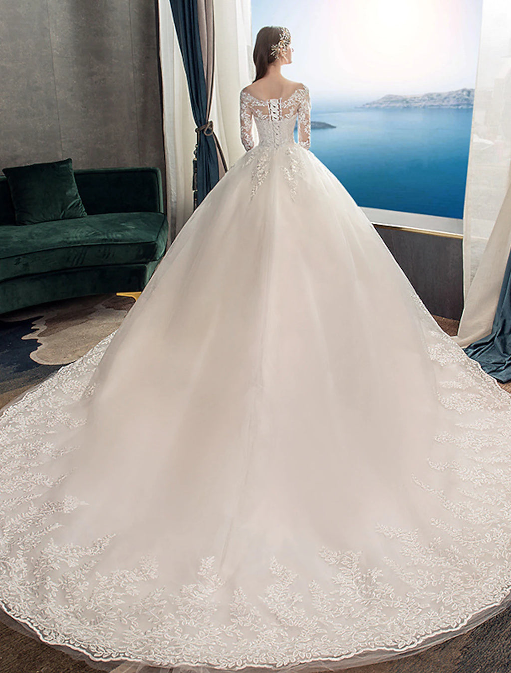 Ivory Lace Ball Gown Floor-Length Wedding Dress with Illusion Long Sleeves