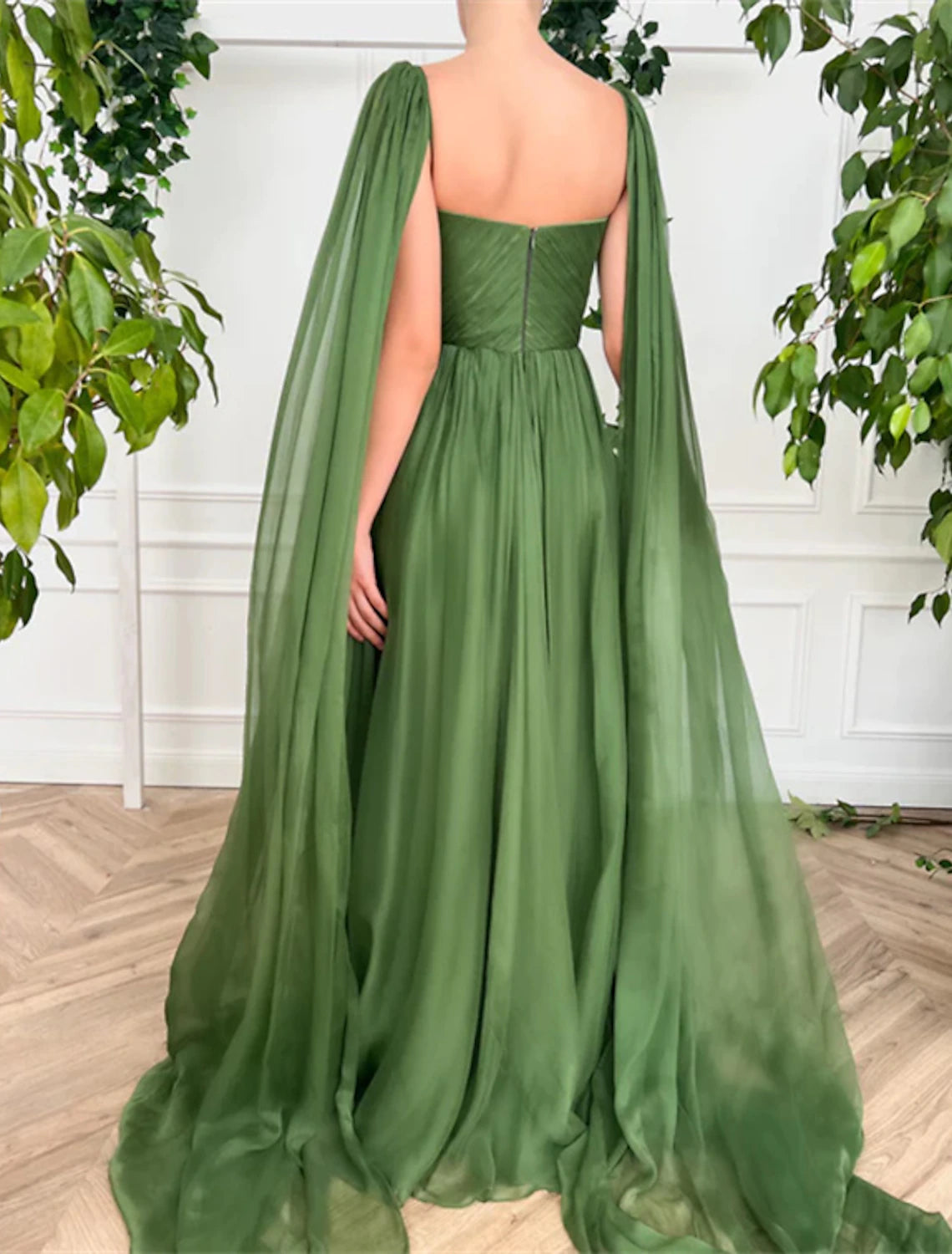 Olive Green Chiffon A-Line Sweetheart Floor-Length Dress with Flowing Cape Sleeves