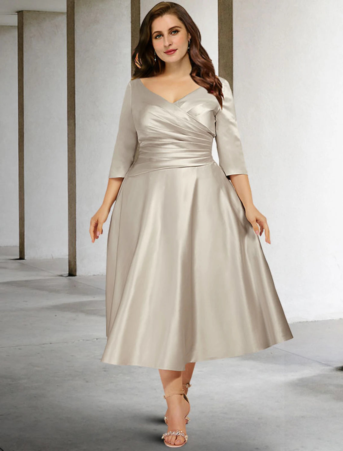 Champagne Satin A-Line Tea-Length Bridesmaid Dress with Draped V-Neck & 3/4 Sleeves