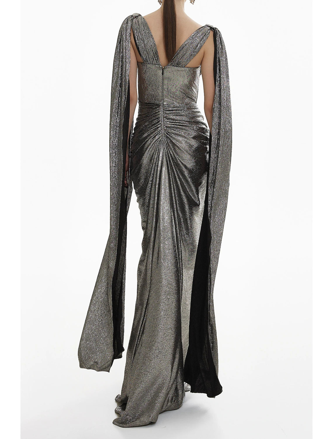 Vestido de noche elegante de sirena/trompeta, vestido formal de otoño, cola larga, cuello en V, lentejuelas y brillo fruncido.