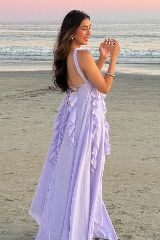 Lavender Chiffon A-Line Halter neckline Lace-up Floor-Length Dress Back View - Jimiss