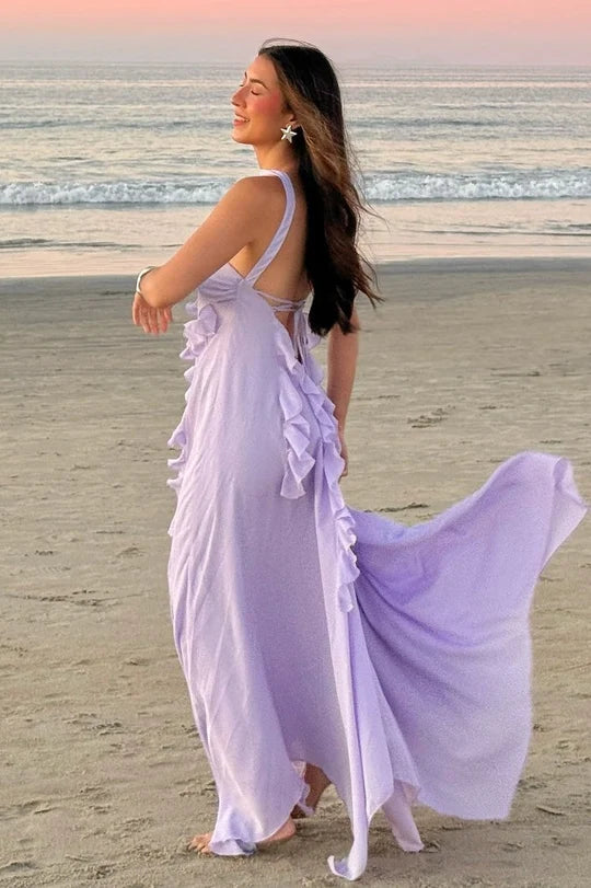 Lavender Chiffon A-Line Halter neckline Lace-up Floor-Length Dress Detail - Jimiss