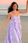 Lavender Chiffon A-Line Halter neckline Lace-up Floor-Length Dress Front View - Jimiss