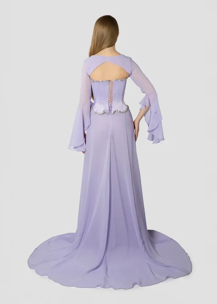 Lavender Chiffon and Satin A-Line Square Neck Floor-Length Dress Back View - Jimiss