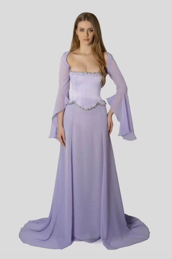 Lavender Chiffon and Satin A-Line Square Neck Floor-Length Dress Front View - Jimiss