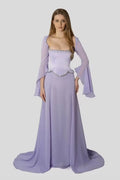 Lavender Chiffon and Satin A-Line Square Neck Floor-Length Dress Front View - Jimiss
