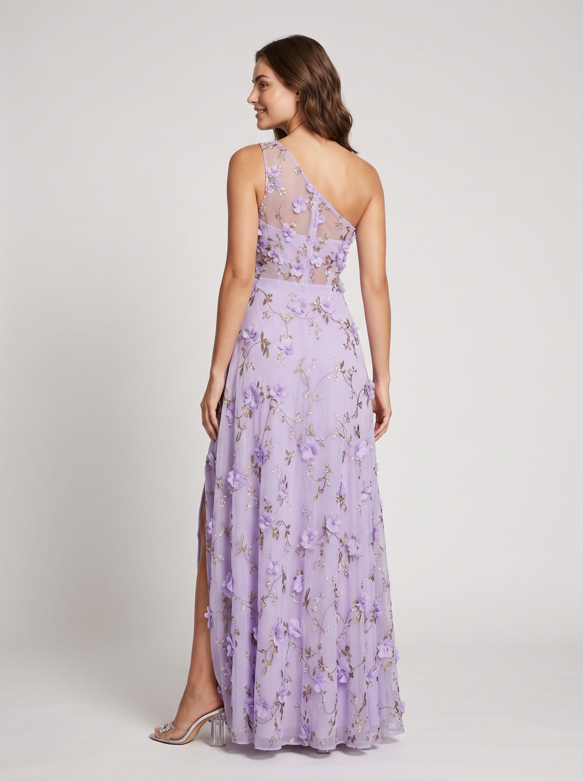 Lavender Mesh A-Line One Shoulder Illusion Back Floor Length Dress Back View - Jimiss