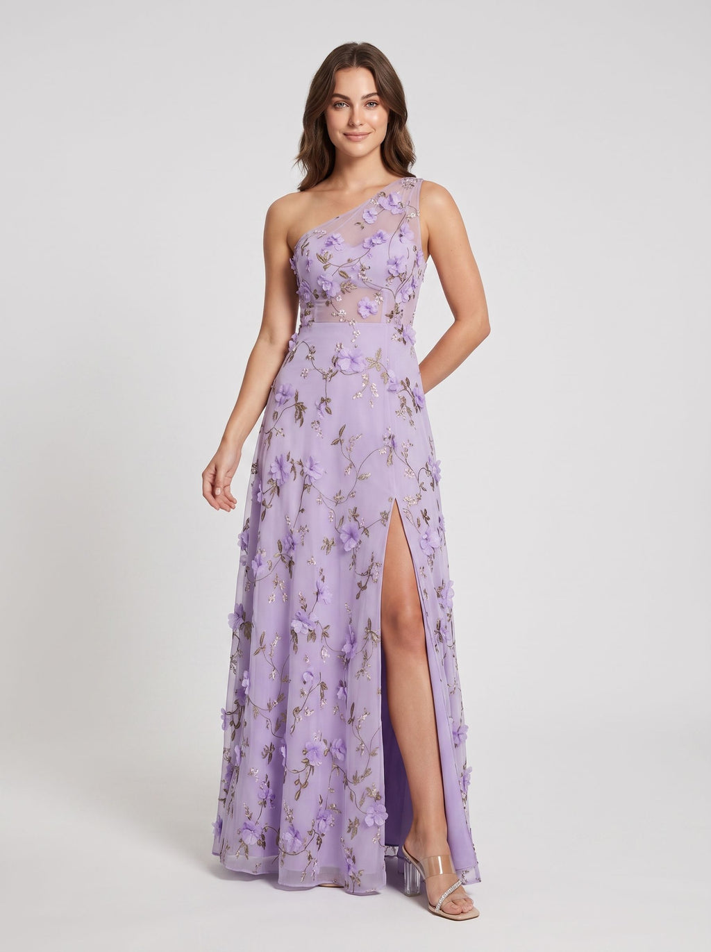 Lavender Mesh A-Line One Shoulder Illusion Back Floor Length Dress Front View - Jimiss