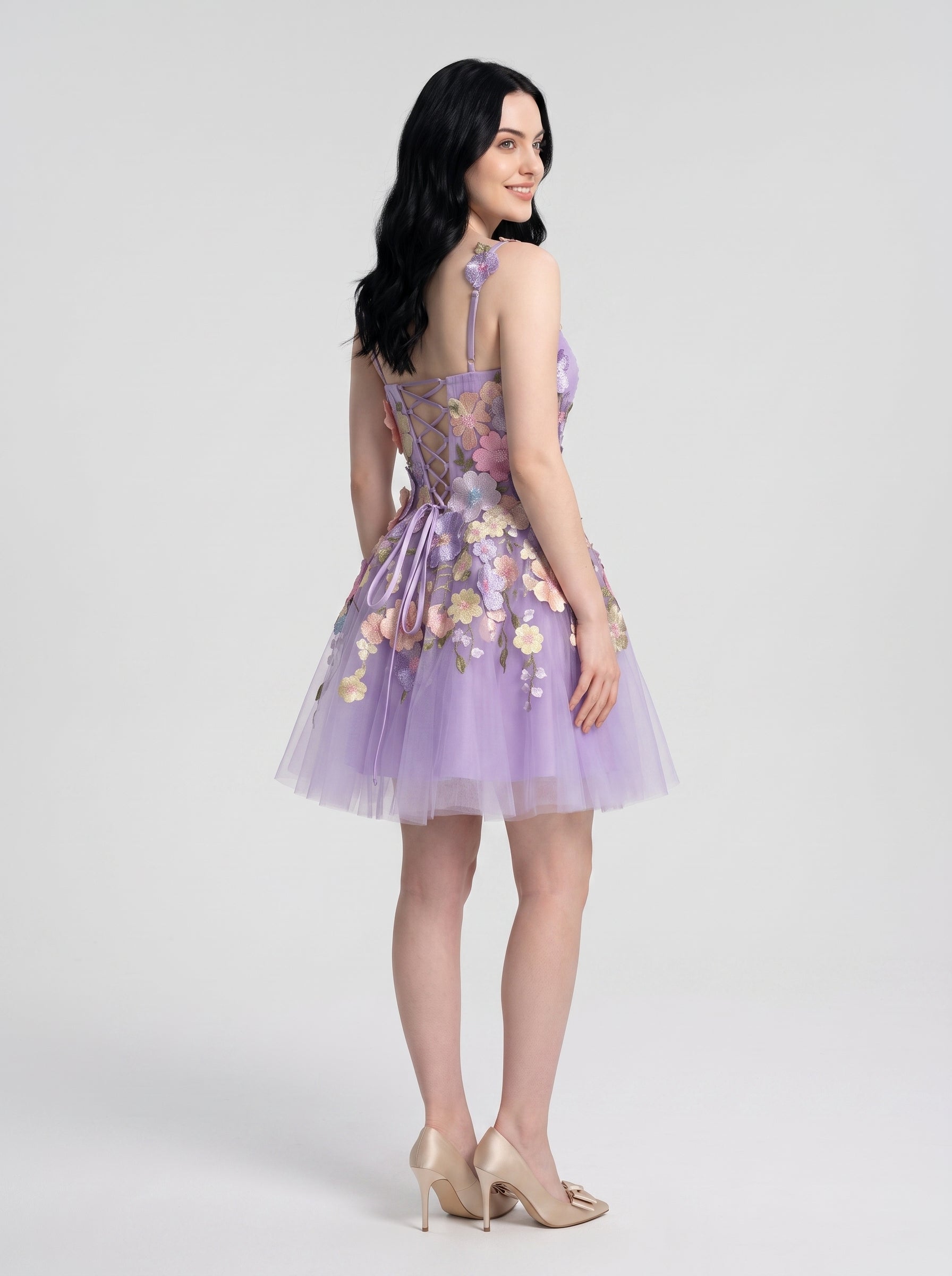 Lavender Tulle A-Line Sweetheart Lace-Up Back Short Dress Back View - jimiss