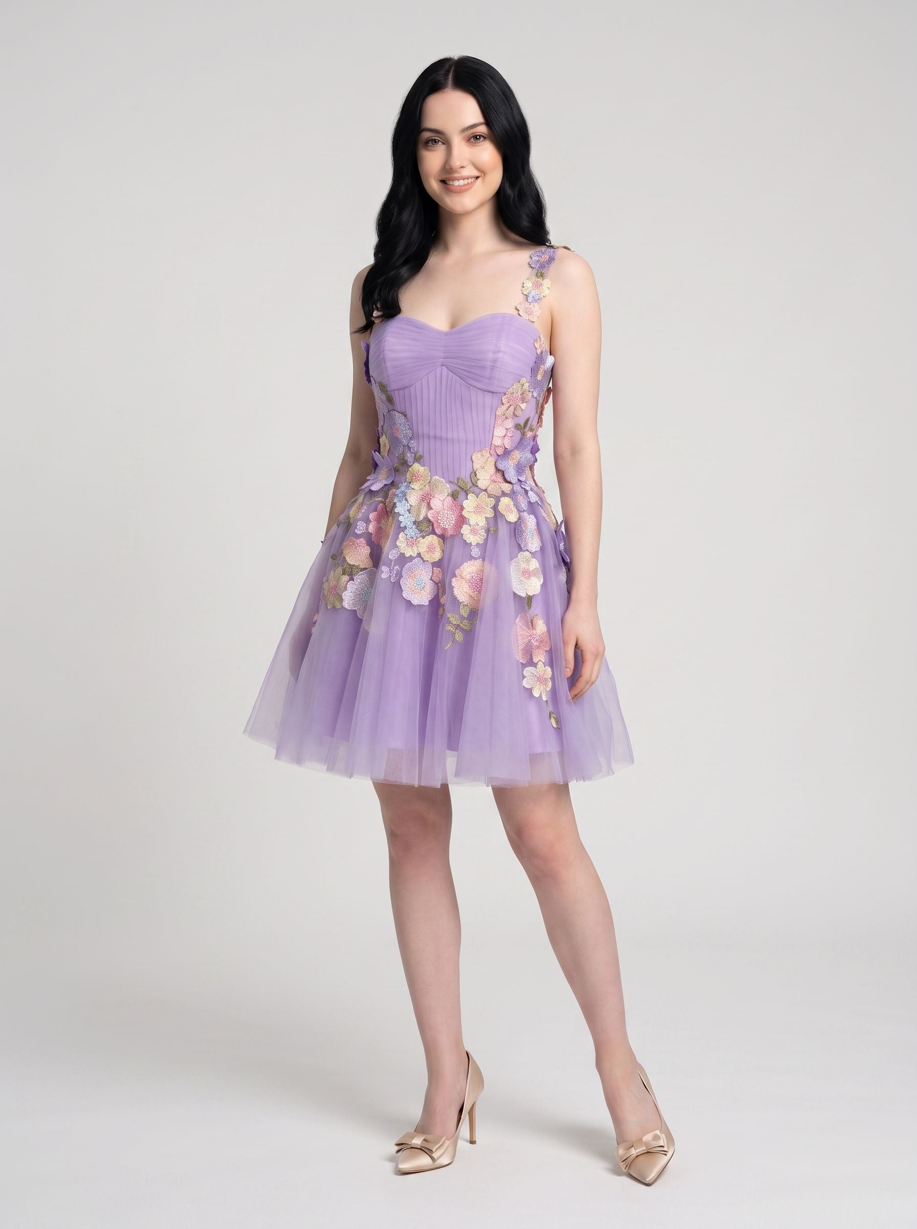 Lavender Tulle A-Line Sweetheart Lace-Up Back Short Dress Front View - jimiss