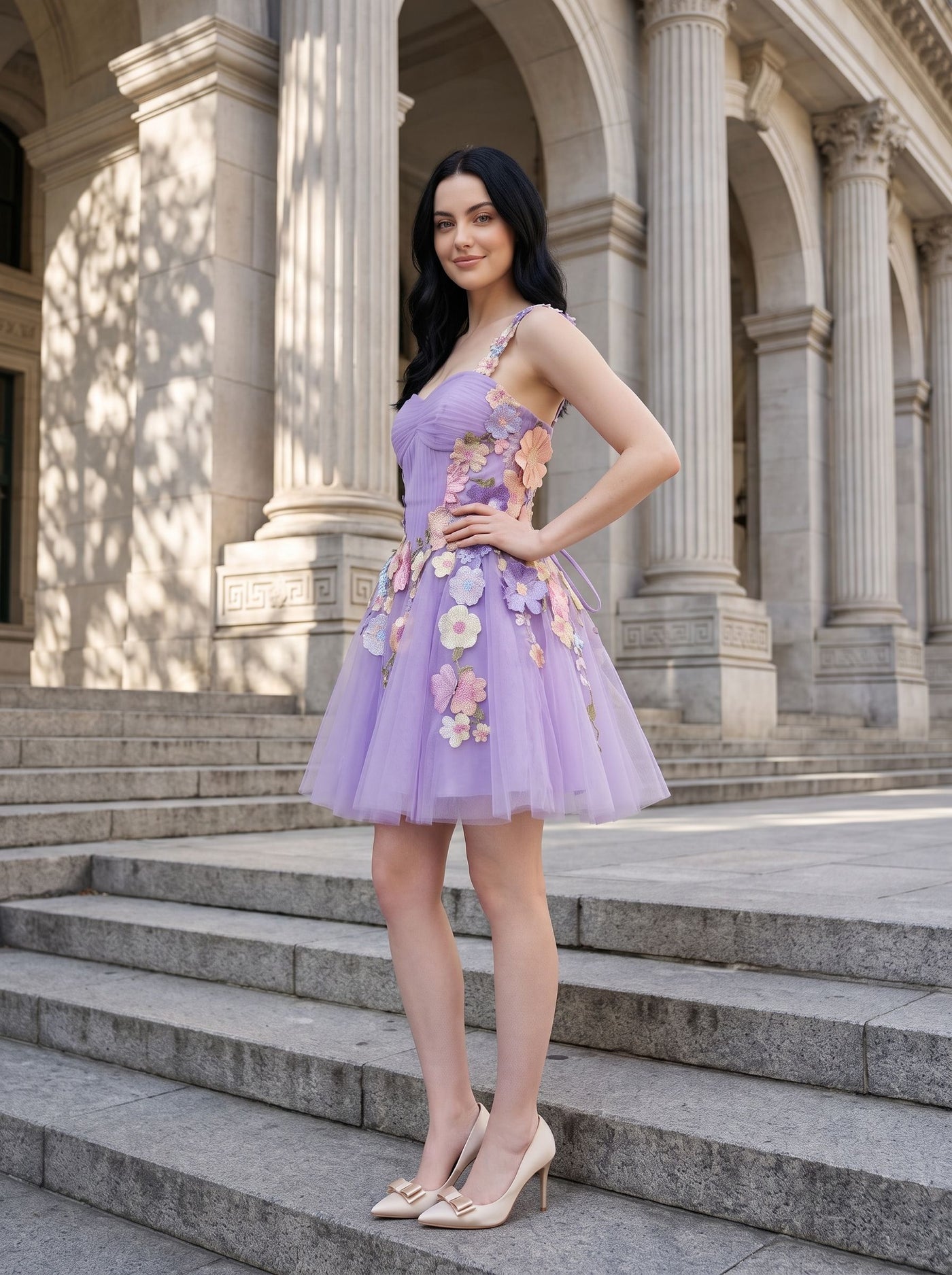 Lavender Tulle A-Line Short Dress - Sweetheart Neckline, Floral Appliques