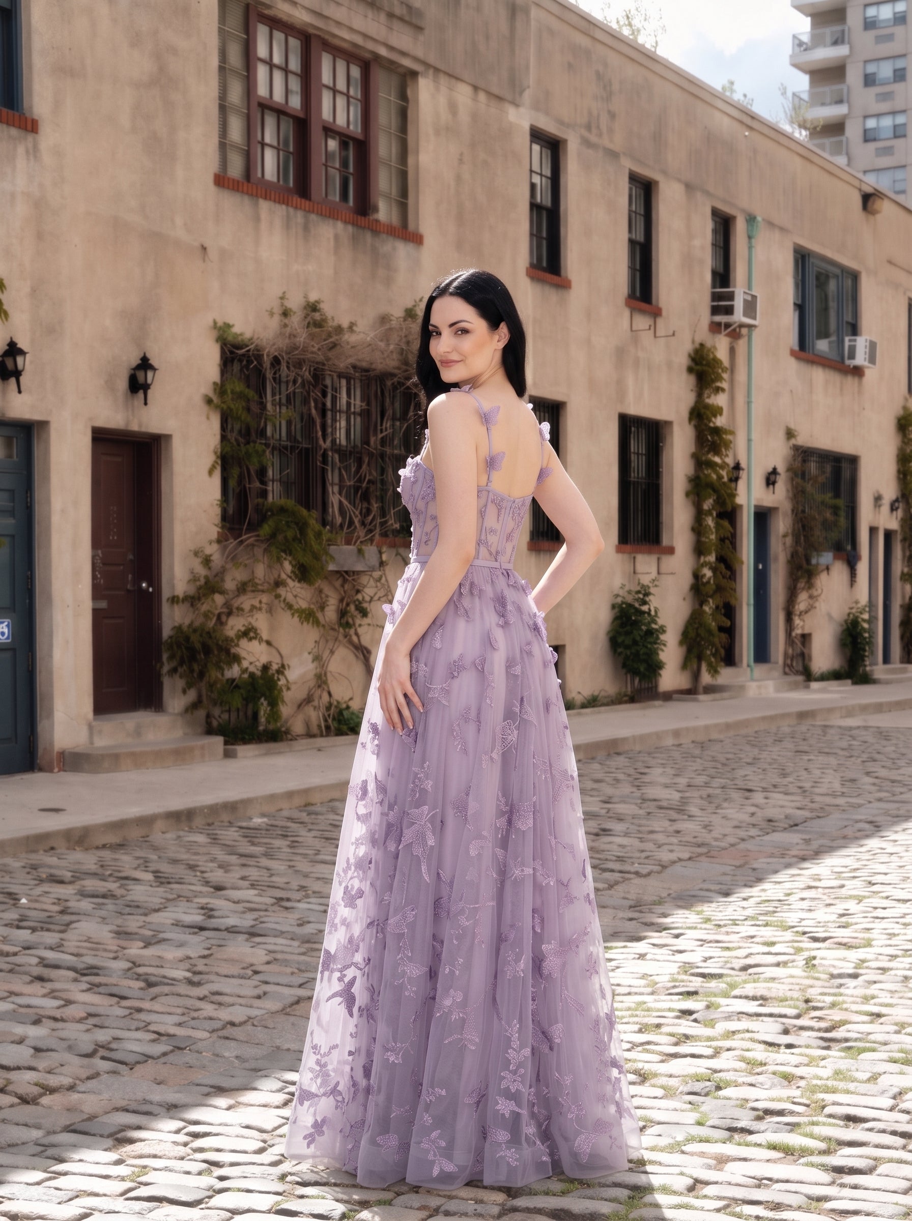 Lavender Tulle A-Line Sweetheart Zipper Back Floor Length Dress Back View - Jimiss