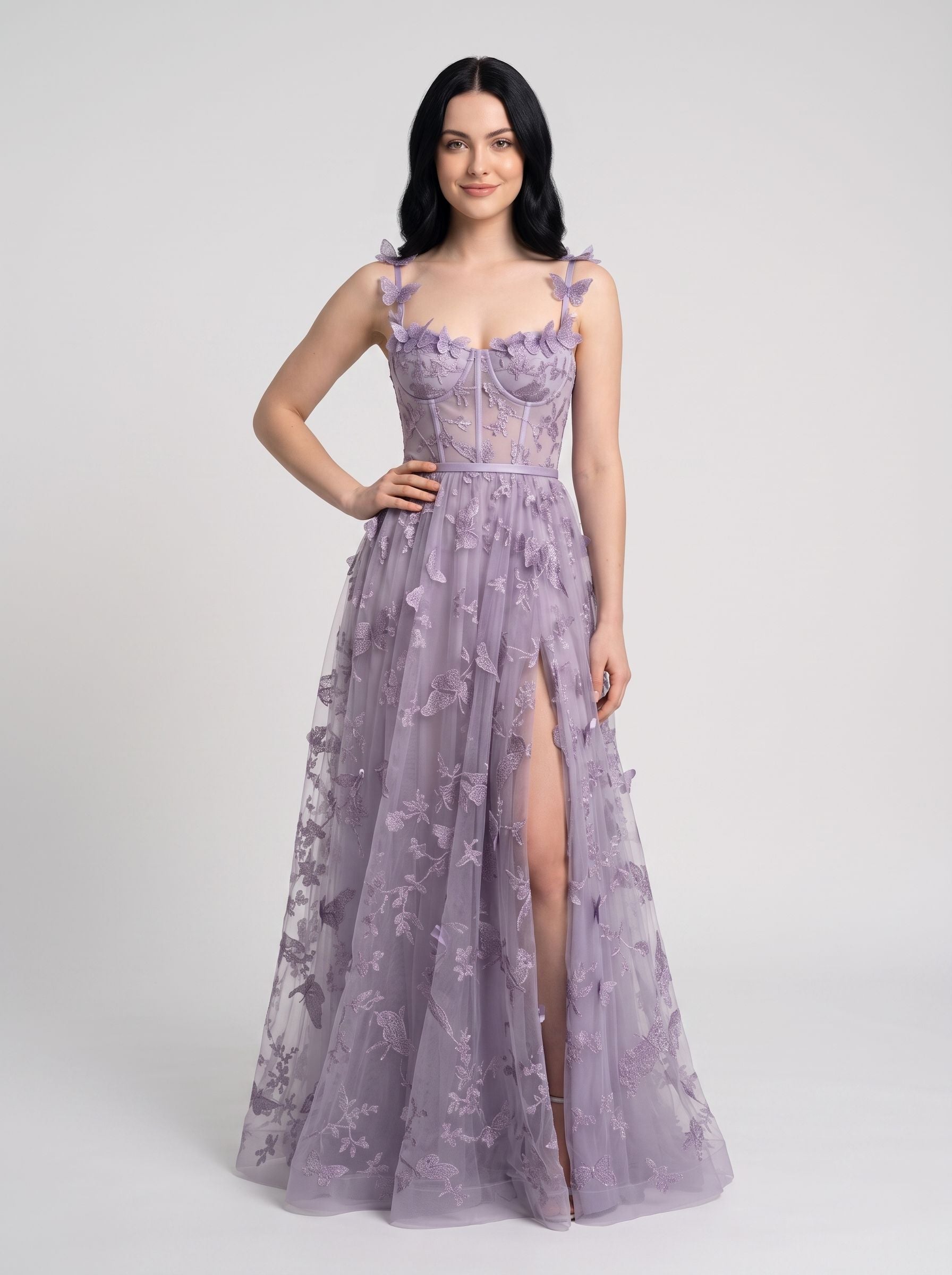 Lavender Tulle A-Line Sweetheart Zipper Back Floor Length Dress Front View - Jimiss