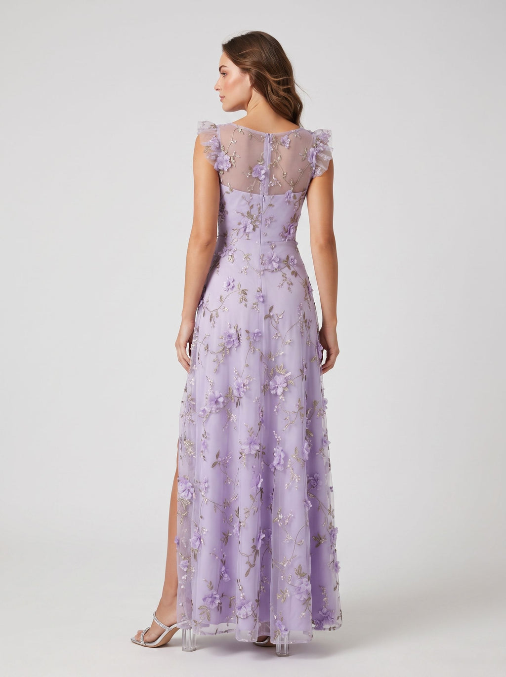 Lavender Tulle A-Line V-neck Illusion Back Floor-Length Dress Back View - Jimiss