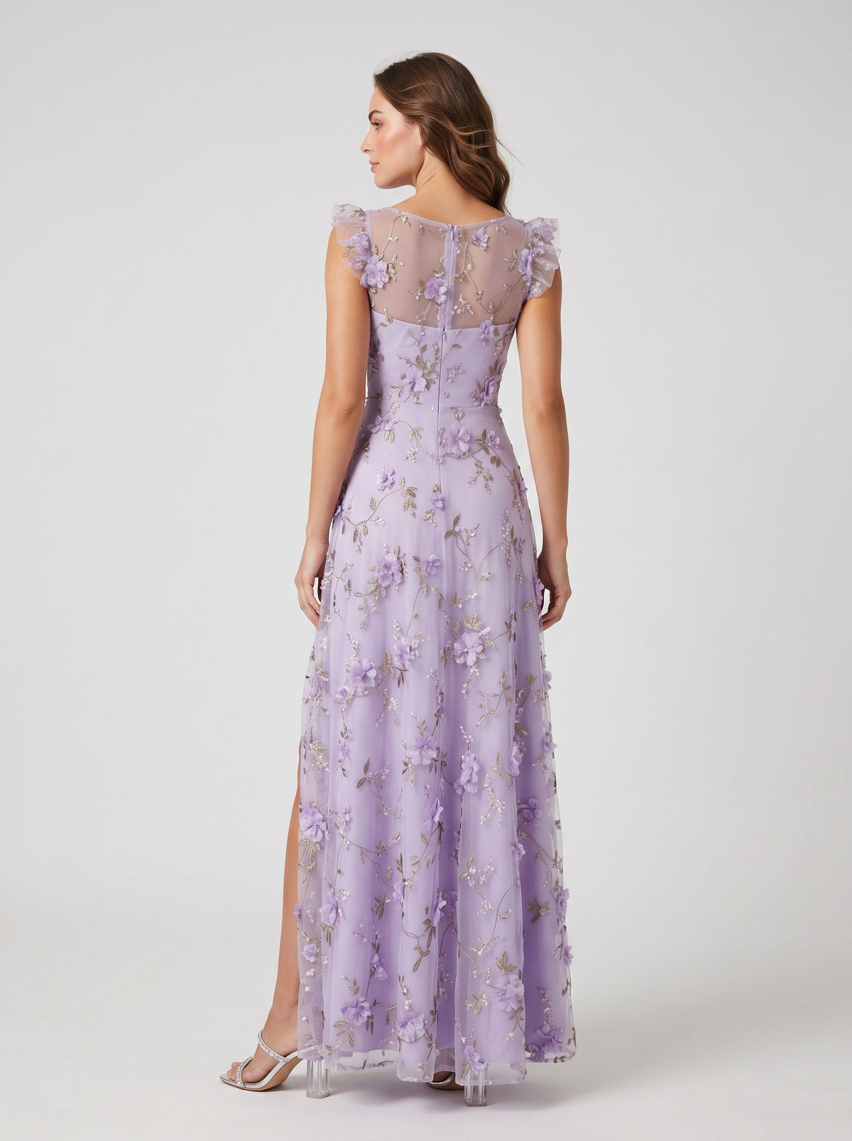 Lavender Tulle A-Line V-neck Illusion Back Floor-Length Dress Back View - Jimiss