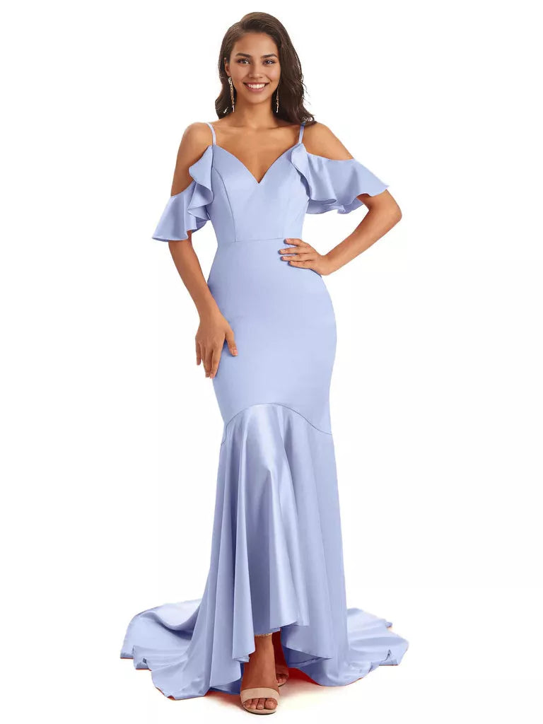 Soft Satin Asymmetric Spaghetti Straps Sleeveless Mermaid Cold Shoulder Bridesmaid Dresses