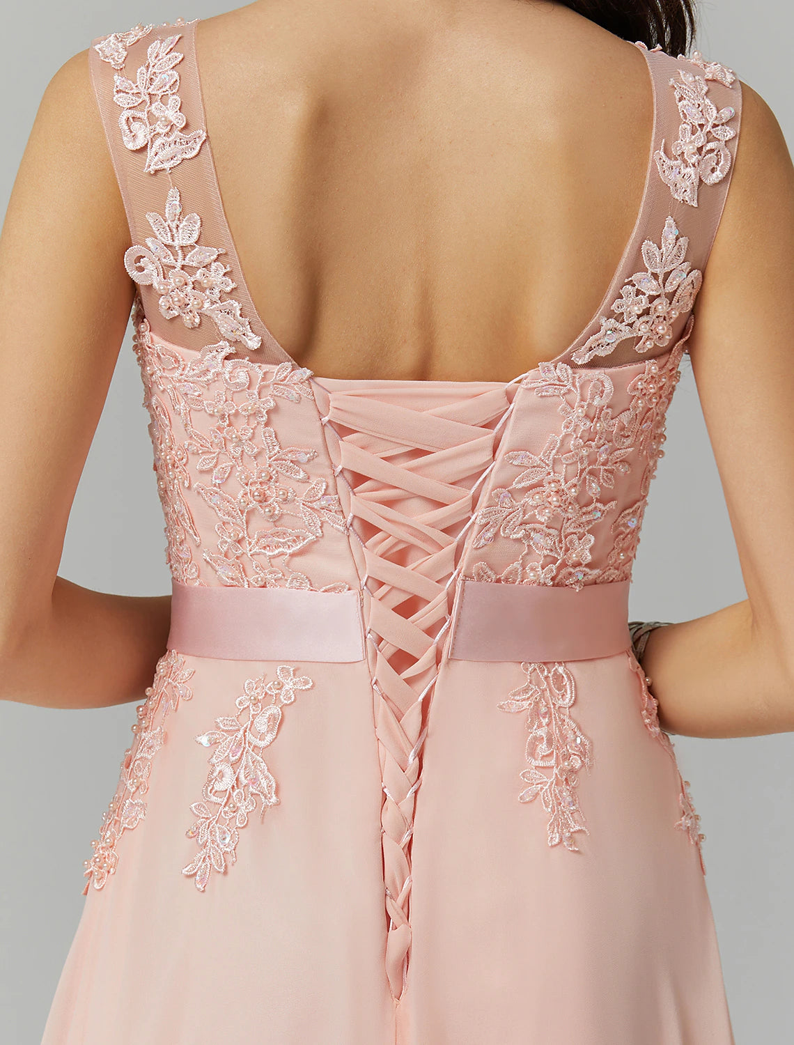 Abito da damigella d'onore a trapezio, elegante, senza maniche, in chiffon/pizzo con applicazioni, lunghezza al pavimento