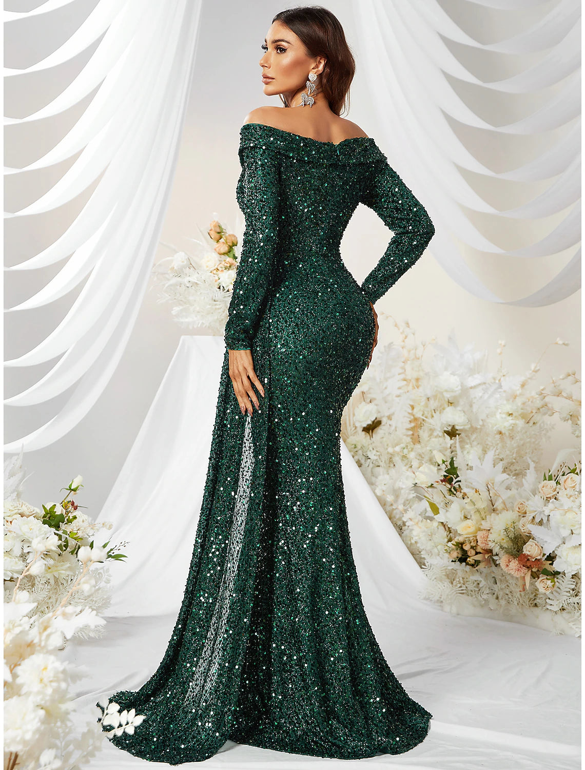 Emerald Sequin Mermaid Off-the-Shoulder Floor-Length Dress with Side Train for Prom & Black-Tie