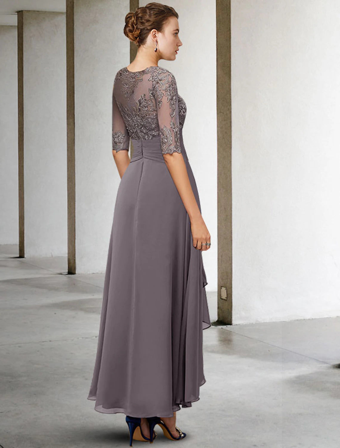 Stormy Chiffon & Lace A-Line Asymmetrical Boat Neck Dress with Draped High-Low Skirt