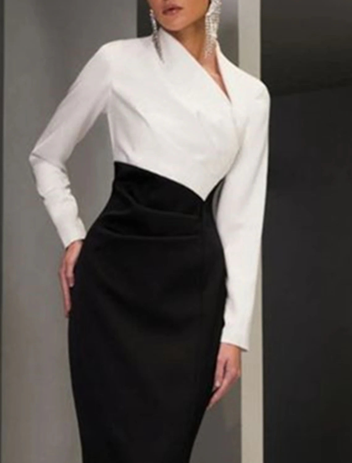 Vestido de sirena/trompeta para madre de la novia, formal, para invitada de boda, elegante, con abertura alta, escote en V, largo hasta el suelo, tela, manga larga con abertura frontal, bloque de color