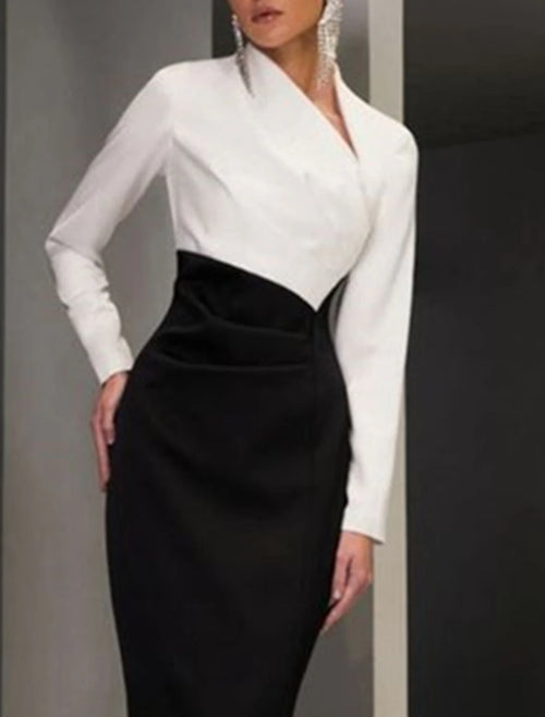 Black & White Satin Sheath/column Floor-Length Evening Dress with Asymmetric Blazer Bodice