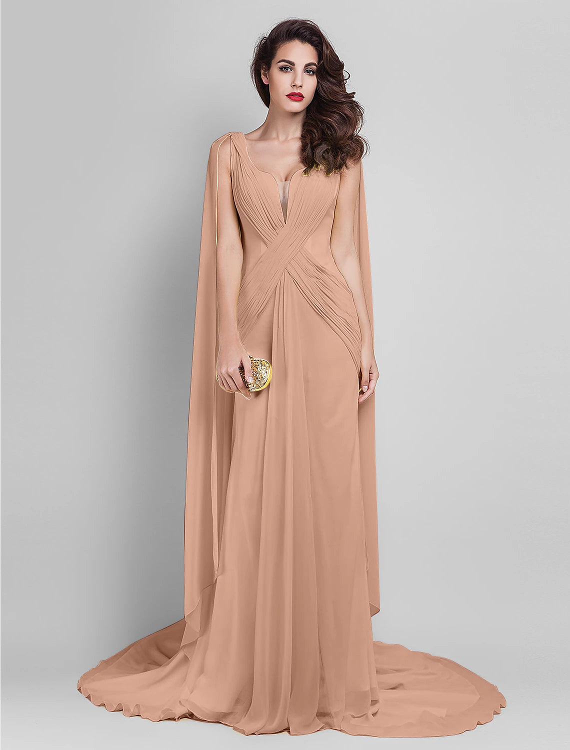 Abito elegante a tubino/colonna, per invitati a nozze, ballo di fine anno, strascico, senza maniche, scollatura profonda, georgette, schiena a V con drappeggio laterale incrociato