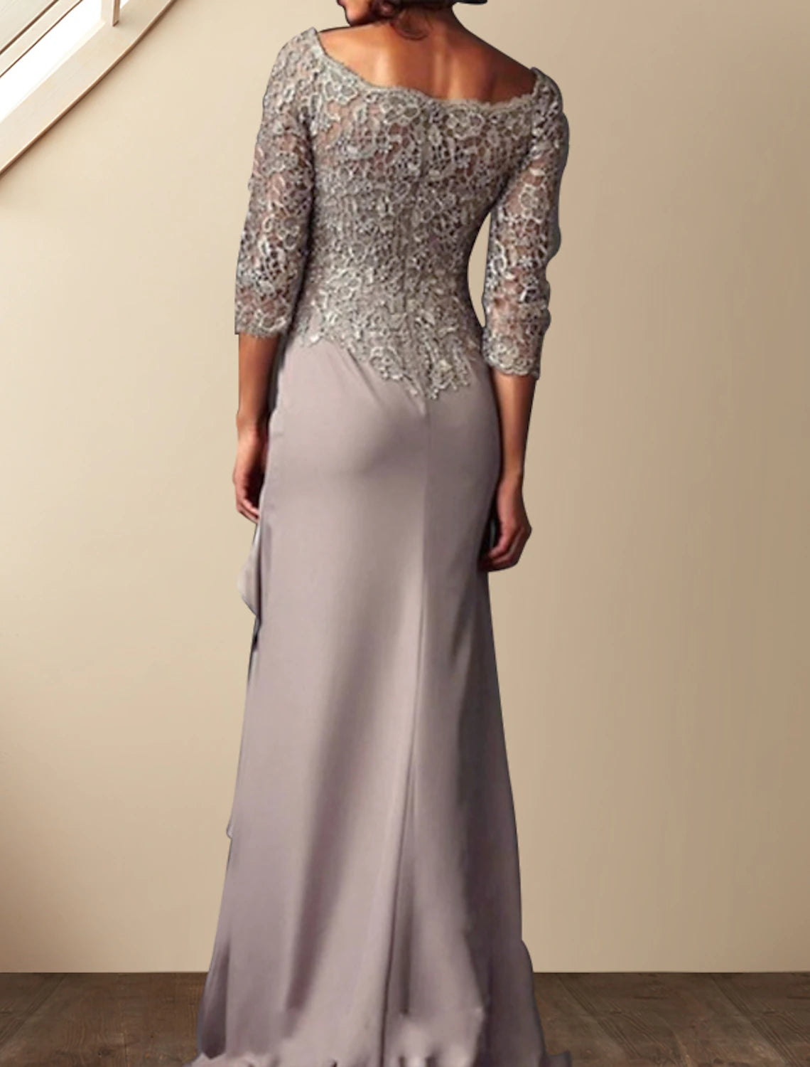 Stormy Lace & Chiffon Boat Neck Sheath/column Floor-Length Evening Dress