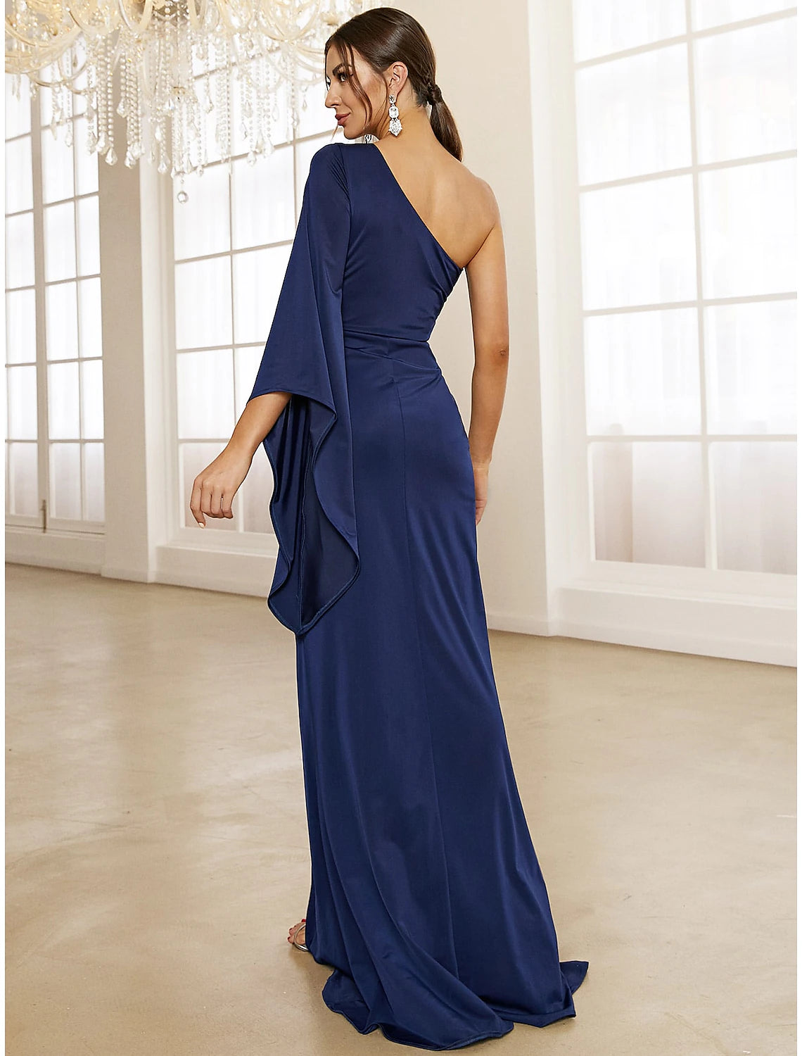 Dark Navy One Shoulder A-Line Floor-Length Satin Evening Dress