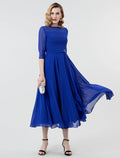 Royal Blue Chiffon A-Line Midi Dress with Boat Neck and Pleated Bodice