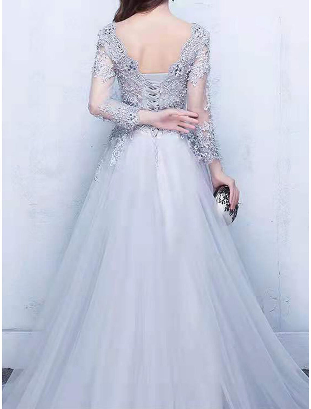 Vestido de noche de corte A, vestido de fiesta, vestido de lujo, para invitada de boda, compromiso, cola capilla, media manga, cuello ilusión, tul con apliques de cuentas.