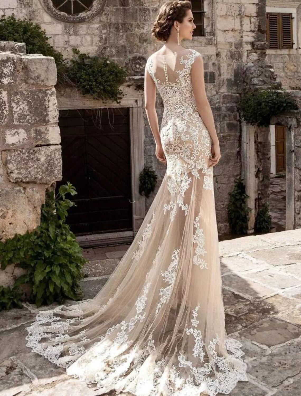 Ivory Lace Sheath/Column Floor-Length Dress with Illusion Neckline, Sheer Skirt & Train