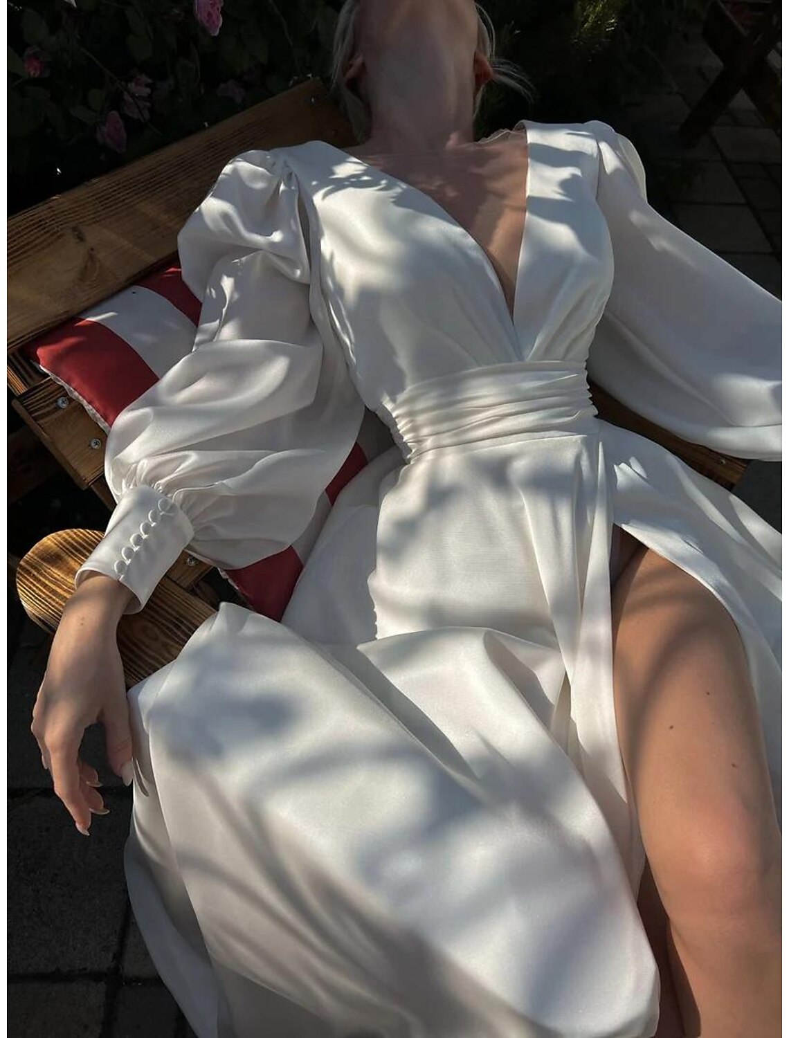 Ivory Satin A-Line Floor-Length Evening Dress with V-Neck and Voluminous Sleeves