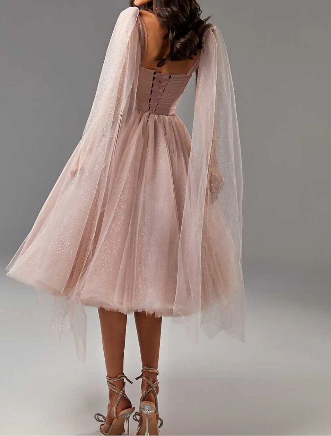 Vestidos de cóctel con corsé, para graduación, cumpleaños, hasta la rodilla, sin mangas, cuello cuadrado, tul con purpurina