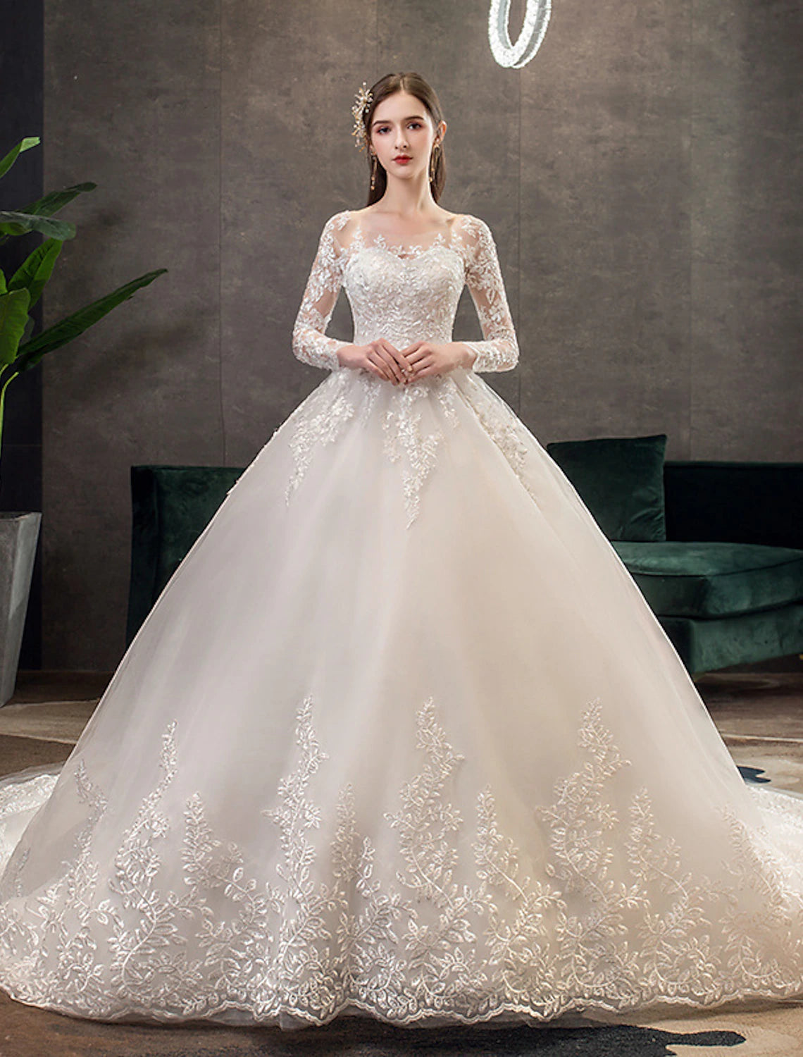 Vestidos de novia formales de compromiso, vestido de baile, cuello ilusión, manga larga, cola catedral, vestidos de novia de encaje con pliegues y apliques
