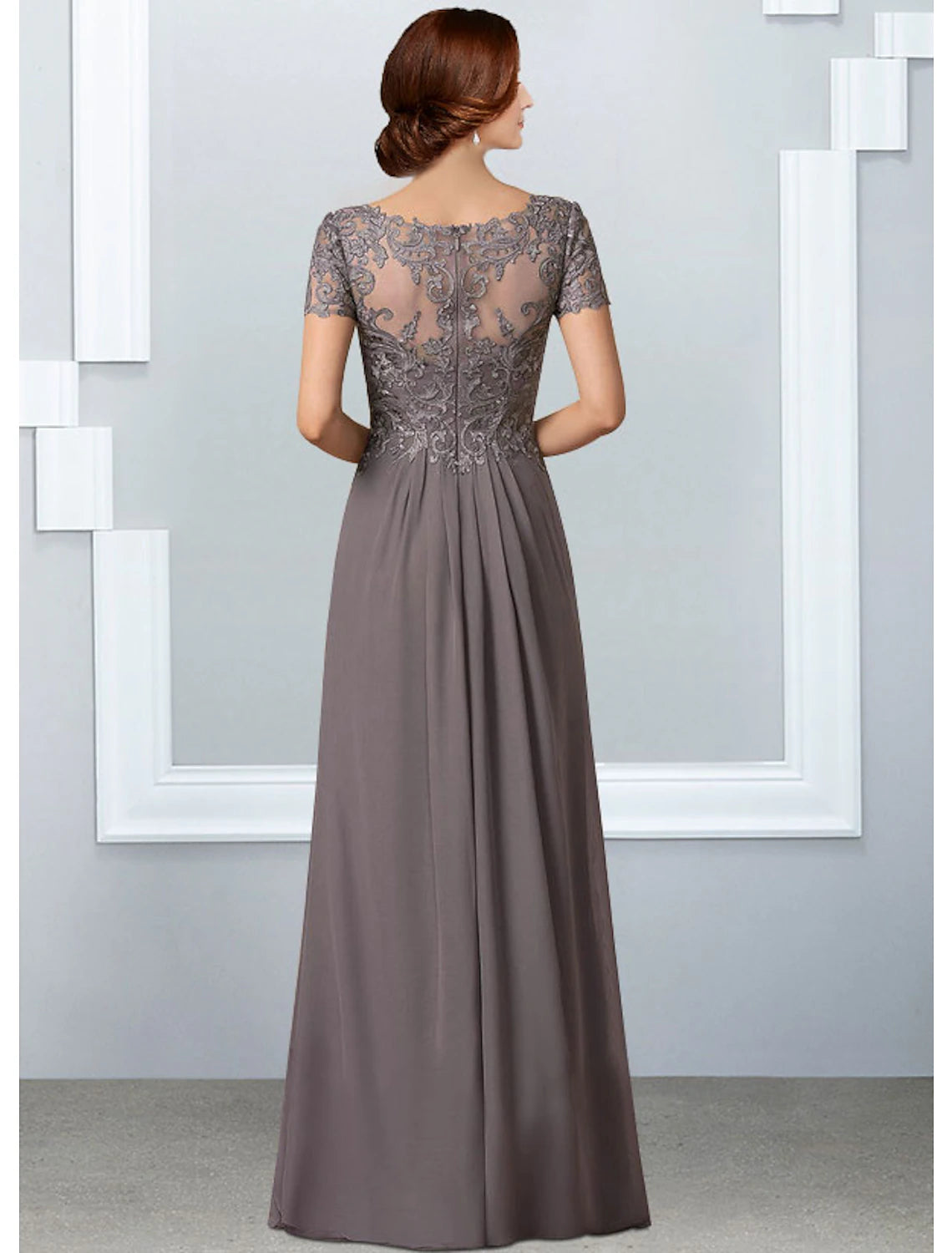 Grey Chiffon A-Line Floor-Length Evening Dress with V-Neck Lace Bodice and Front Slit